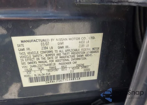 2007 Nissan Altima 3.5 Sl из США, поврежденный, VIN 1N4BL21E77N448518